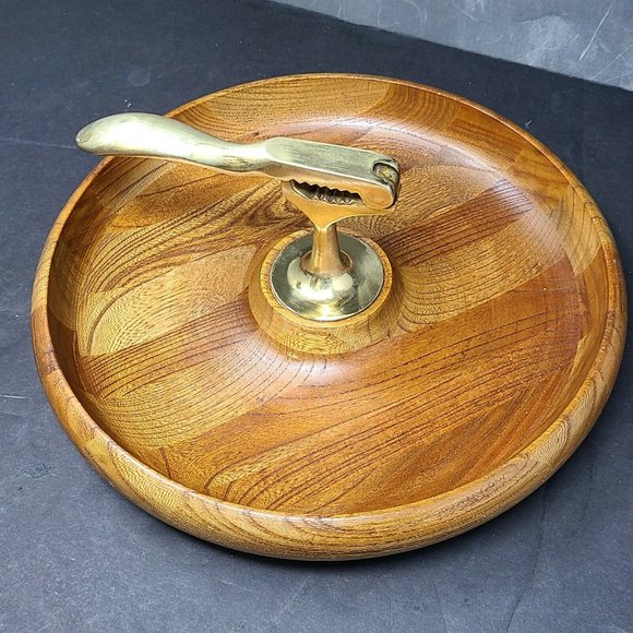 Vintage MCM Wooden Walnut Bowl Brass Nutcracker Mid Century Modern Decor - Picture 8 of 8